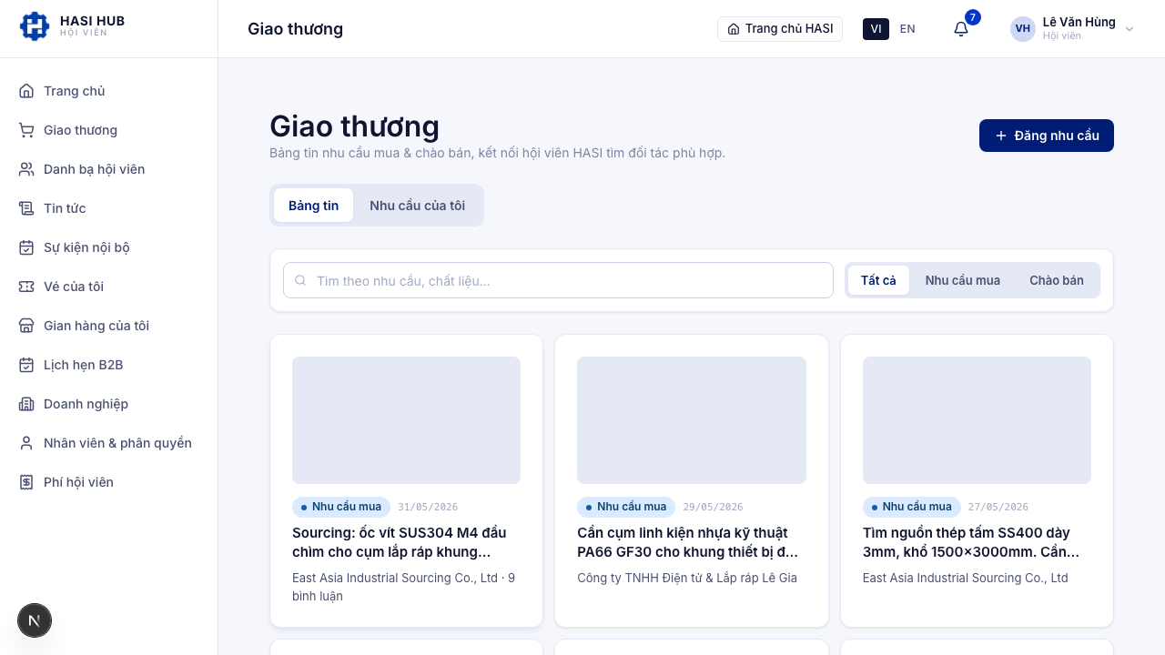 Bảng tin Giao thương với danh sách nhu cầu