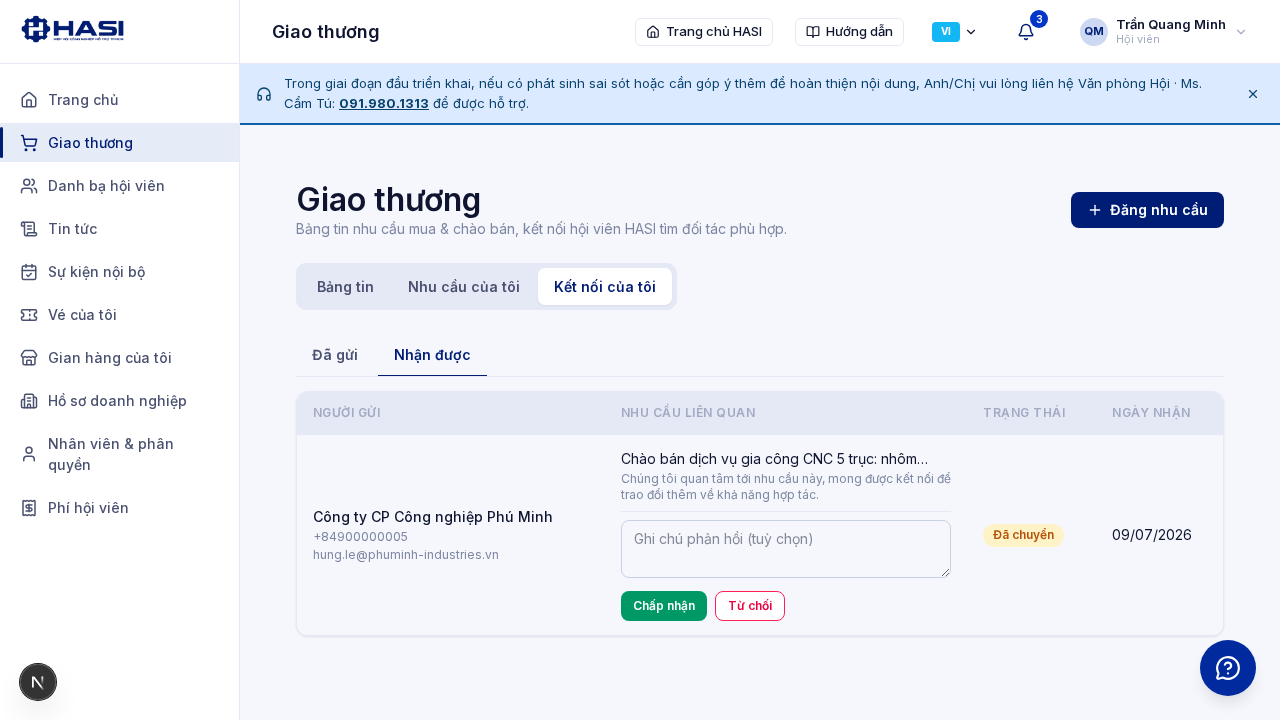 Tab Nhận được với các yêu cầu kết nối và nút Chấp nhận, Từ chối