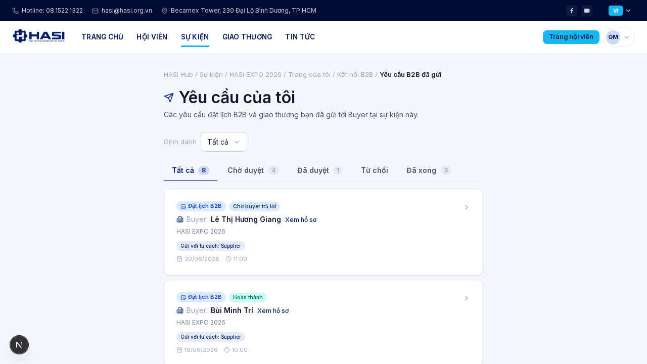 Danh sách Yêu cầu B2B đã gửi phía supplier với các tab trạng thái