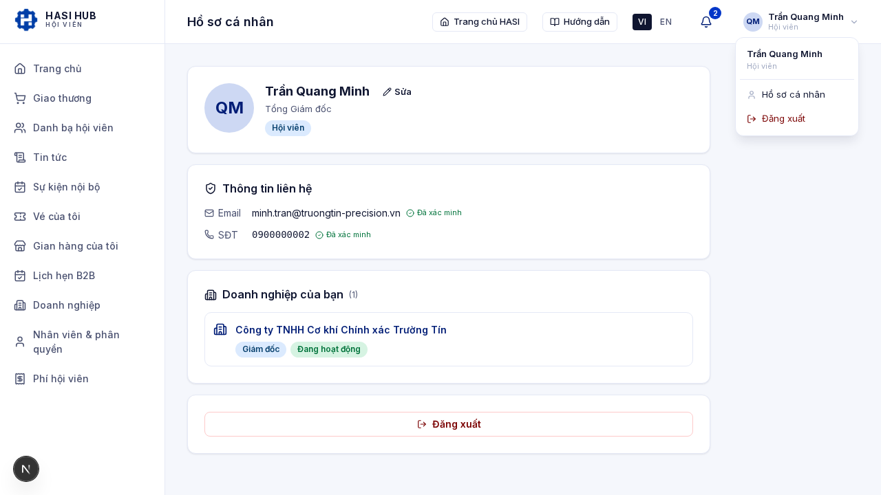 Menu avatar topbar với tên người dùng, Hội viên, liên kết Hồ sơ cá nhân và Đăng xuất