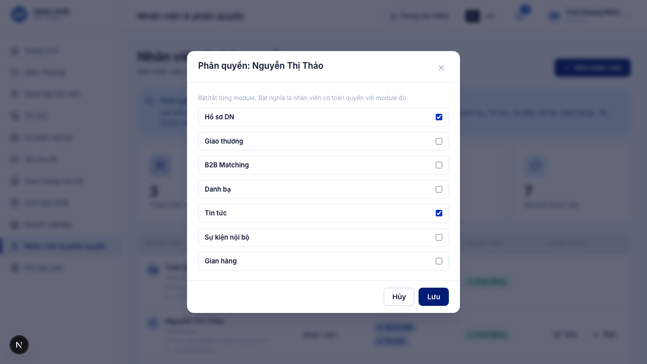 Modal Phân quyền với danh sách checkbox 9 module: Hồ sơ DN, Giao thương, B2B Matching, Danh bạ, Tin tức, Sự kiện nội bộ, Gian hàng, Sửa hồ sơ Buyer, Sửa hồ sơ Supplier