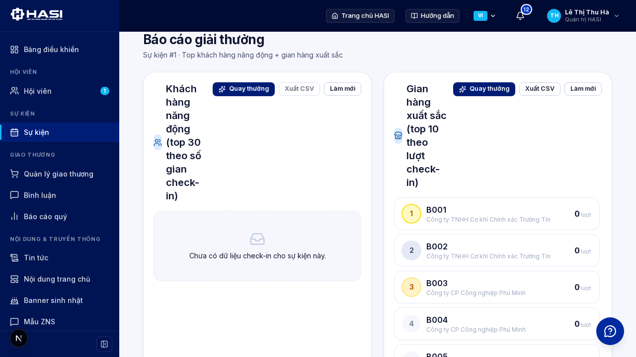 Bảng xếp hạng gian hàng dẫn đầu kèm nút Xuất CSV