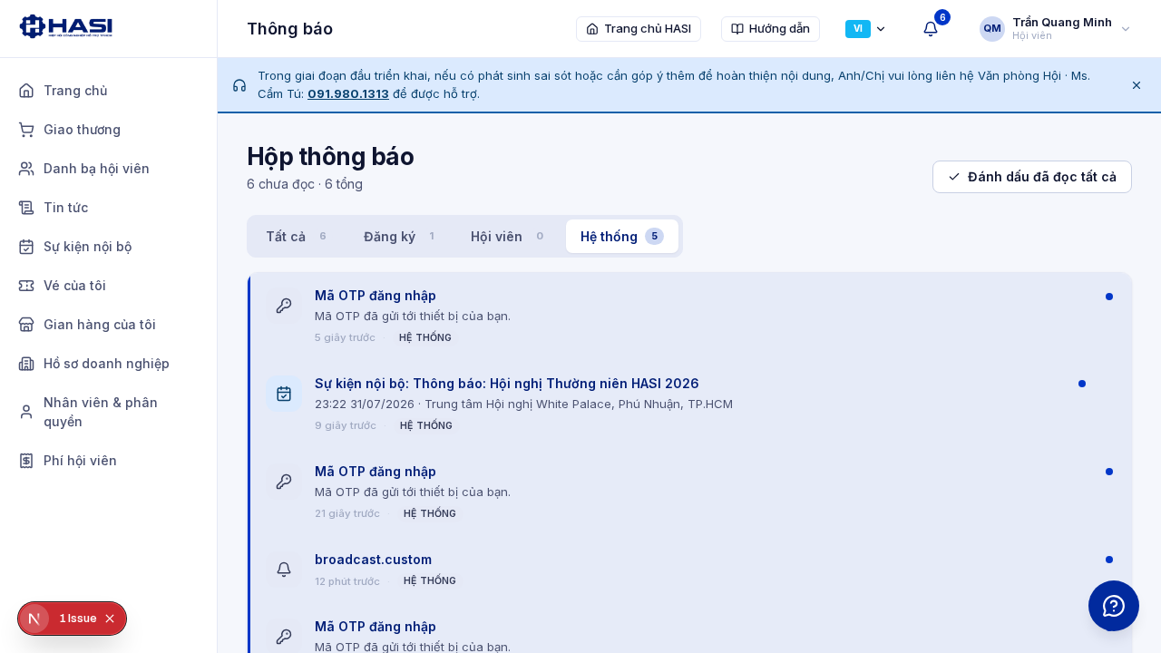 Tab Hệ thống đang active với danh sách thông báo OTP đăng nhập