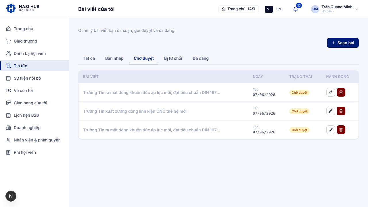 Dòng bài với badge trạng thái và nút Sửa tương ứng